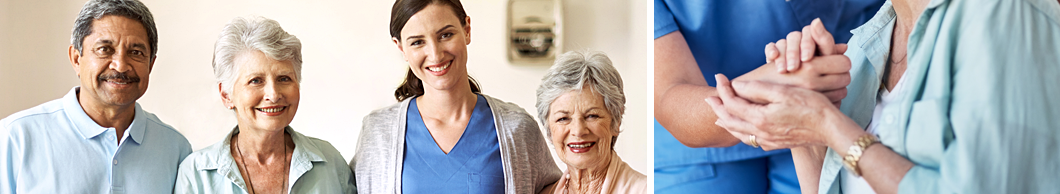 Happy seniors with caregiver and nurse.