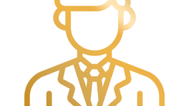 A gold colored icon of a man in suit and hat.