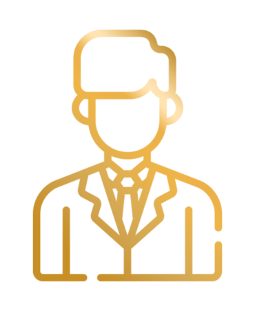 A gold colored icon of a man in suit and hat.