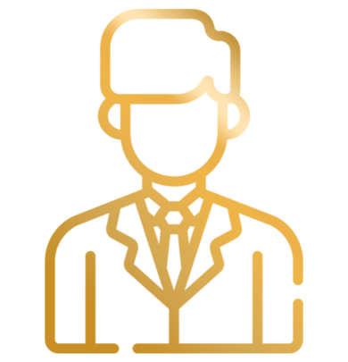 A gold colored icon of a man in suit and hat.