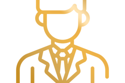 A gold colored icon of a man in suit and hat.