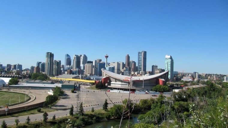 A large city with many buildings and trees
