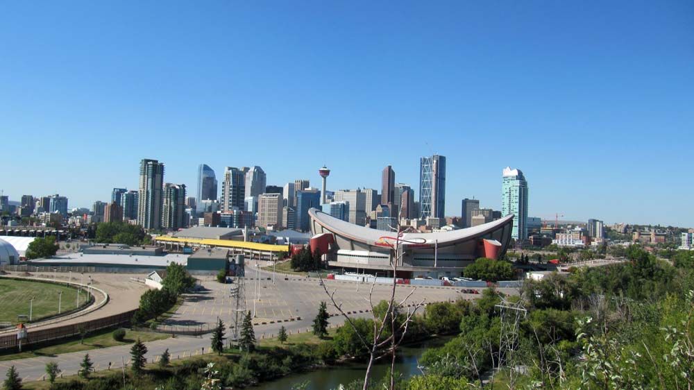 A large city with many buildings and trees